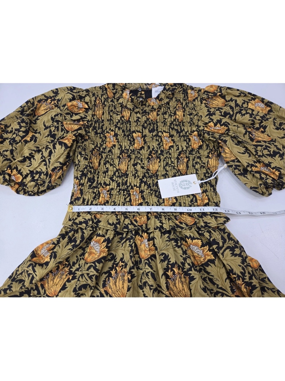 Hyacinth House The Smythe Leafy Olive Midi Dress Smocked Puff Sleeve Size XS NEW - Picture 9 of 10